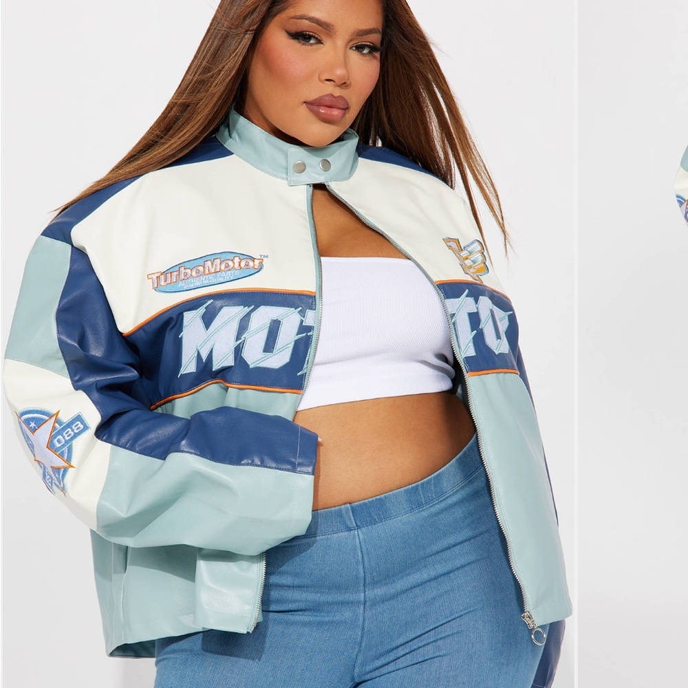 Fashion Nova Blue Cream and Orange Bomber Jacket